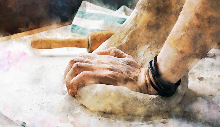 A digital watercolor image of a person kneading bread dough with rolling pin and a green striped towel in the background.