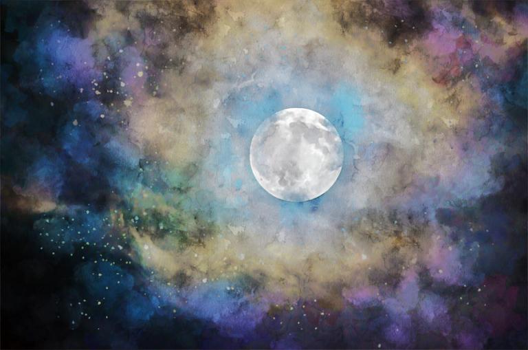 A watercolor image of the full moon surrounded by clouds in pale yellow, violet and electric blue.