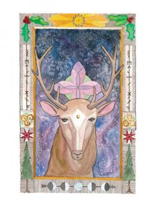 Yule deer invocations: image is of a watercolor painting of a deer looking at you with a four fold geometry behind the deer. There is a starry sky and a border filled with folk art.