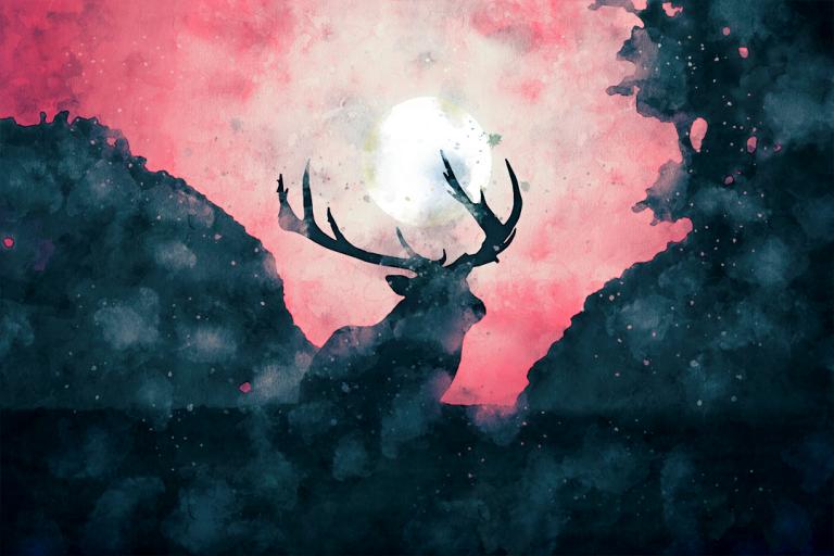 Yule Deer Invocation: a digital watercolor painting of a buck deer standing in a woods with the sun between it's antlers.