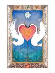 Imbolc prayer, image is original painting of two swans rising out of the water. A heart is formed between them.