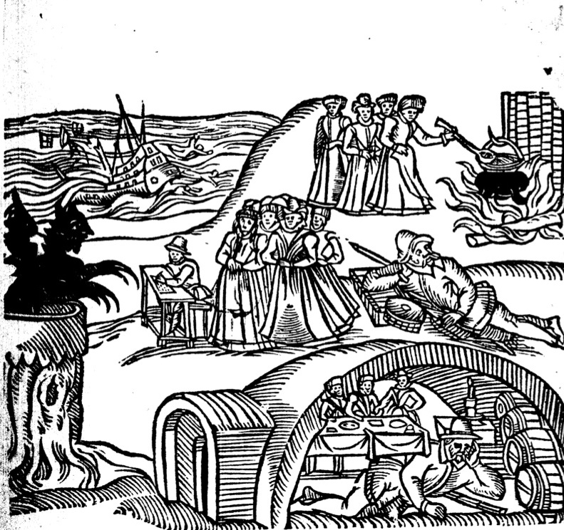 A depiction of the North Berwick Witch Trials, from "Newes from Scotland" pamphlet, 1591. From WikiMedia. 