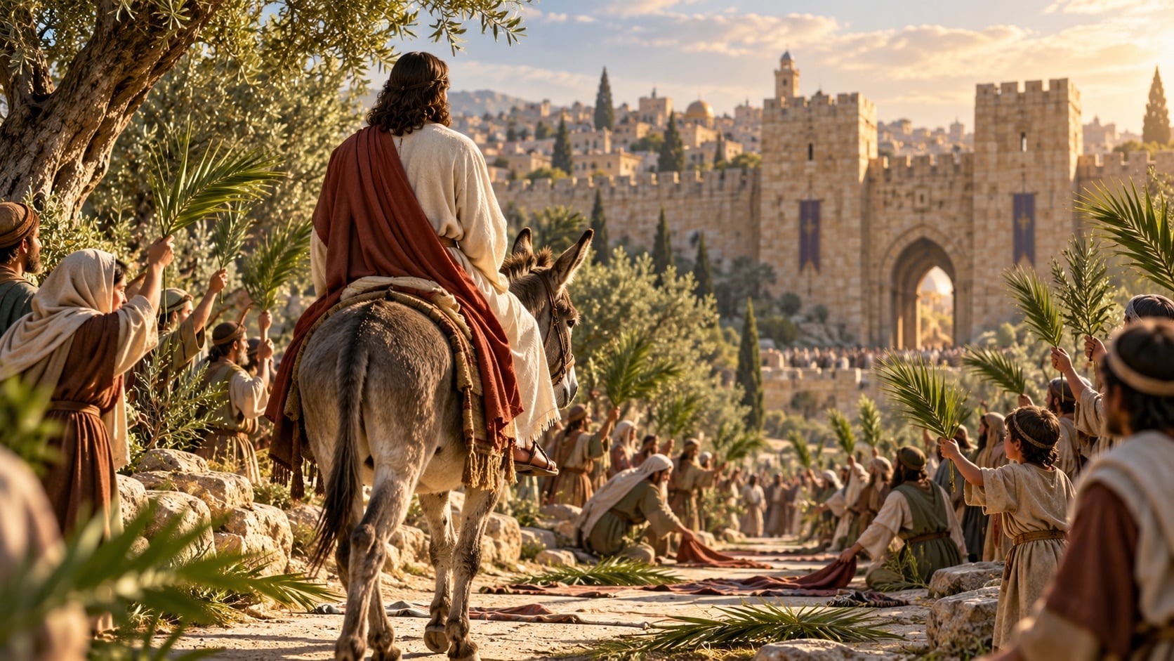Jesus rides a donkey toward Jerusalem, illustrating wholehearted commitment to God.