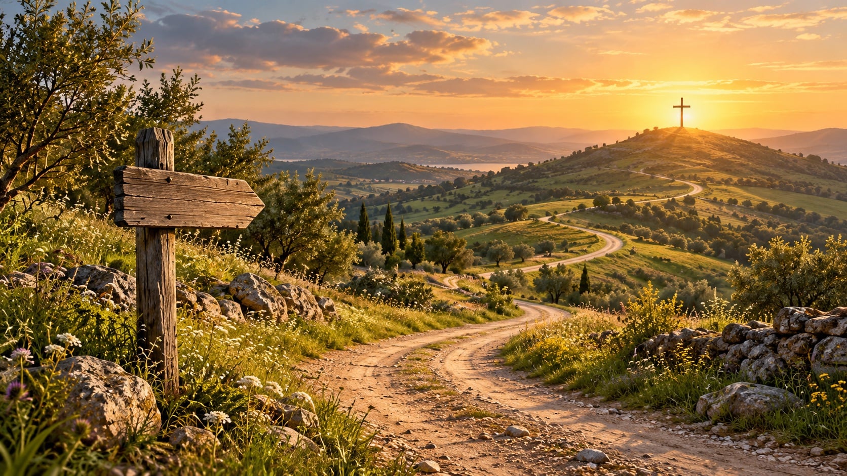 A winding country road and wooden sign point toward a cross on a hill at sunrise.