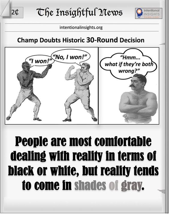 Meme saying “People are most comfortable dealing with reality in terms of black or white, but reality tends to come in shades of gray” (Made for Intentional Insights by Wayne Straight)