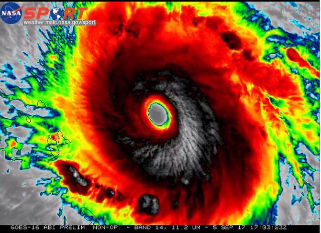 NOAA: GOES-16 Infrared of Category 5 Hurricane Irma. GOES-16 captured this infrared imagery of category 5 hurricane Irma bearing down on the Leeward Islands on September 5, 2017. Public domain. flickr.com