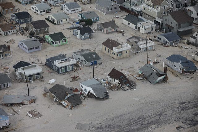 Aftermath of extensive flooding along New Jersey shore Aerial photo of damaged homes along New Jersey shore after Hurricane Sandy. Photo credit: Greg Thompson/USFWS. Public Domain.