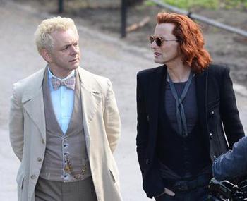 More details Michael Sheen as character Aziraphale and David Tennant as character Crowley on the set of Good Omens (TV series)