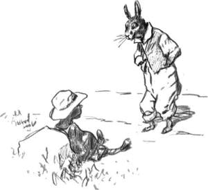 Br'er Rabbit and the Tar-Baby, drawing by E. W. Kemble from "The Tar-Baby", by Joel Chandler Harris, 1904, public domain.