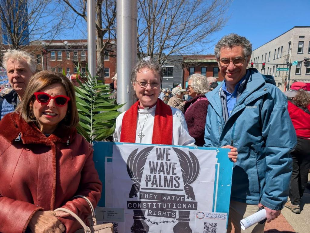 Rev. Leah Schade with Nadia Rasheed and Rabbi David Wirtschafter, No Kings protest, Lexington, KY March 28, 2026