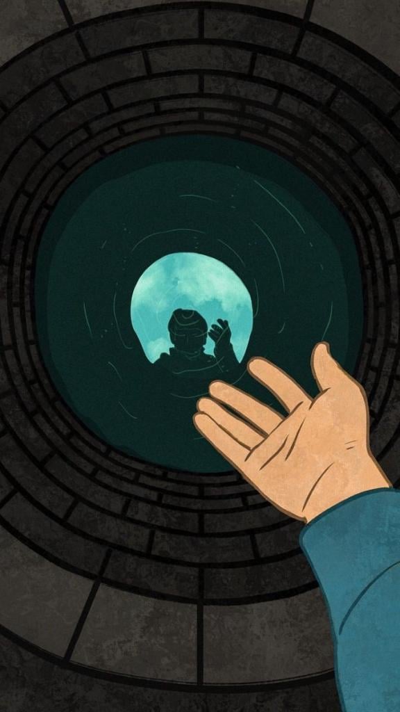 Illustration of hand reaching into well