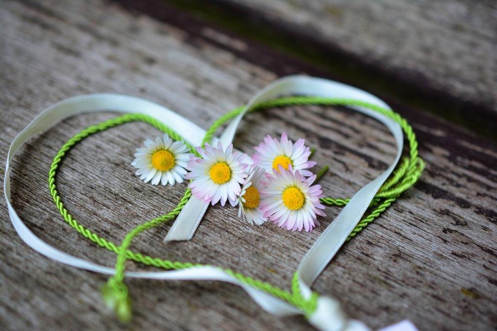 A heart made of ribbon filled with dasies. 