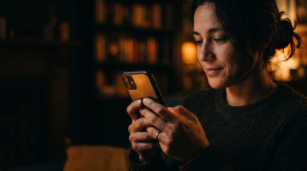 A married woman in a study looks at mobile devices in the late evening.