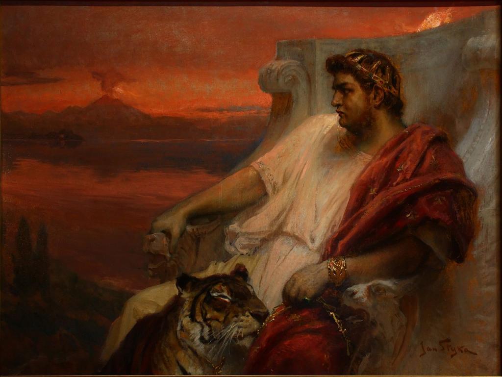 A painting of Roman Emperor Nero, who, according to legend, fiddled while Rome burned. 