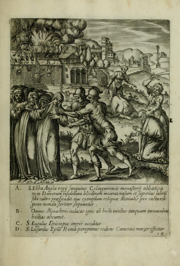 A 16th-century representation of St. Ebba and her followers' self-mutilation. Obtained through Creative Commons. 