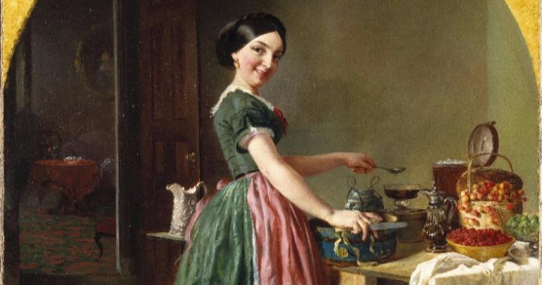happy kitchen witch making magic and good food at the hearth painting by Lilly Martin Spencer