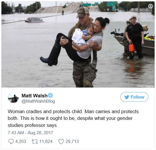 "Woman cradles and protects child. Man carries and protects both. This is how it ought to be, despite what your gender studies professor says."