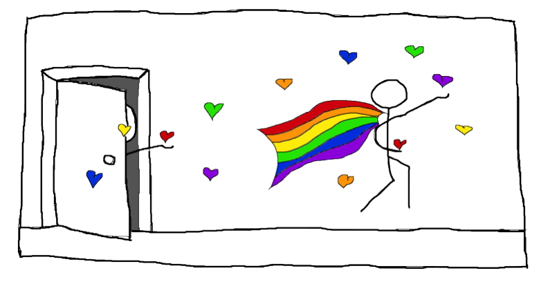 In or out, you are loved. (Drawing by my partner and me, in homage to Randall Munroe of xkcd.com.)
