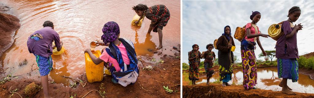 Women in Gayo, Ethiopia collect water from a rain water pool - KP Yohannan - Gospel for Asia