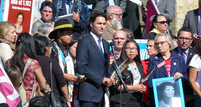 Prime Minister of Canada, Justin Trudeau, giving a speech on missing and murdered Indigenous women in front of Parliament in Ottawa in October 2016. Photo by Delusion23, Wikimedia (CC BY-SA 4.0)