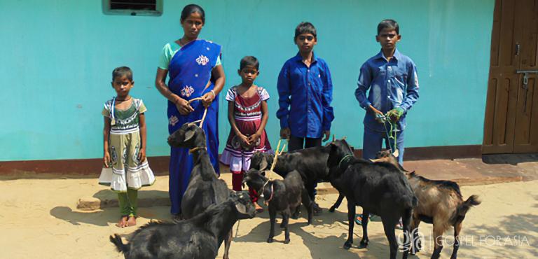 Gospel for Asia founded by Dr. K.P. Yohannan: Kripal’s family (pictured) carefully raised their goats, enabling Kripal to provide food, clothing and education for his children, as well as a tin roof for their home.