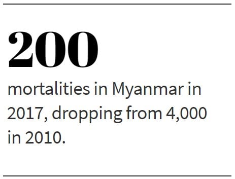 200 mortalities in Myanmar in 2017, dropping from 4,000 in 2010.