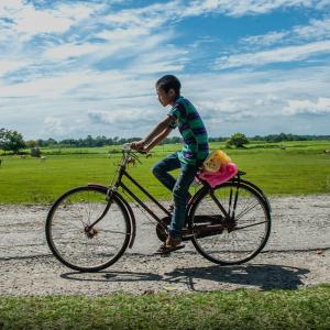 Boy riding bicycle carying mosquito nets