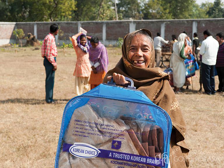 Discussing how receiving a blanket once seemed impossible for women like Nidhyana until the local Gospel for Asia church visited.