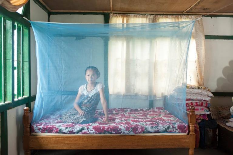 Girl resting under mosquito net