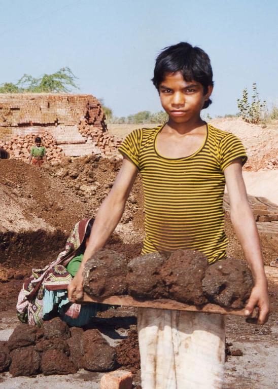 Bhil boy works in the brick making factory alongside other adults and children.