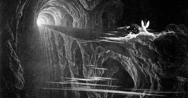 Lucifer, Sin, and Death cross the bridge over Chaos and Night from Hell to Earth