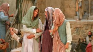 Mary walks with Elizabeth, mother of John the Baptist.