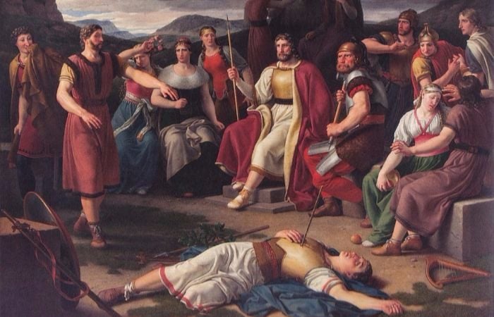 "Æsir gathered around the body of Baldr" by Christoffer Wilhelm Eckersberg. From WikiMedia. 