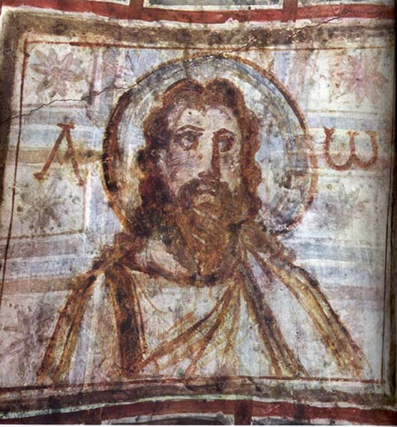 Mural painting from the catacomb of Commodilla. Bust of Christ