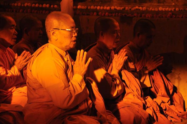 East Asian Nuns chanting at the Mahabodhi Stupa.