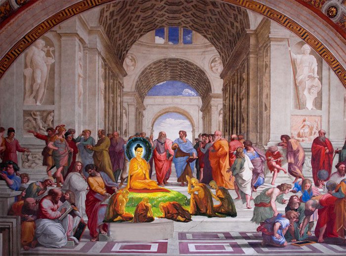 buddha with plato and aristotle at the academy