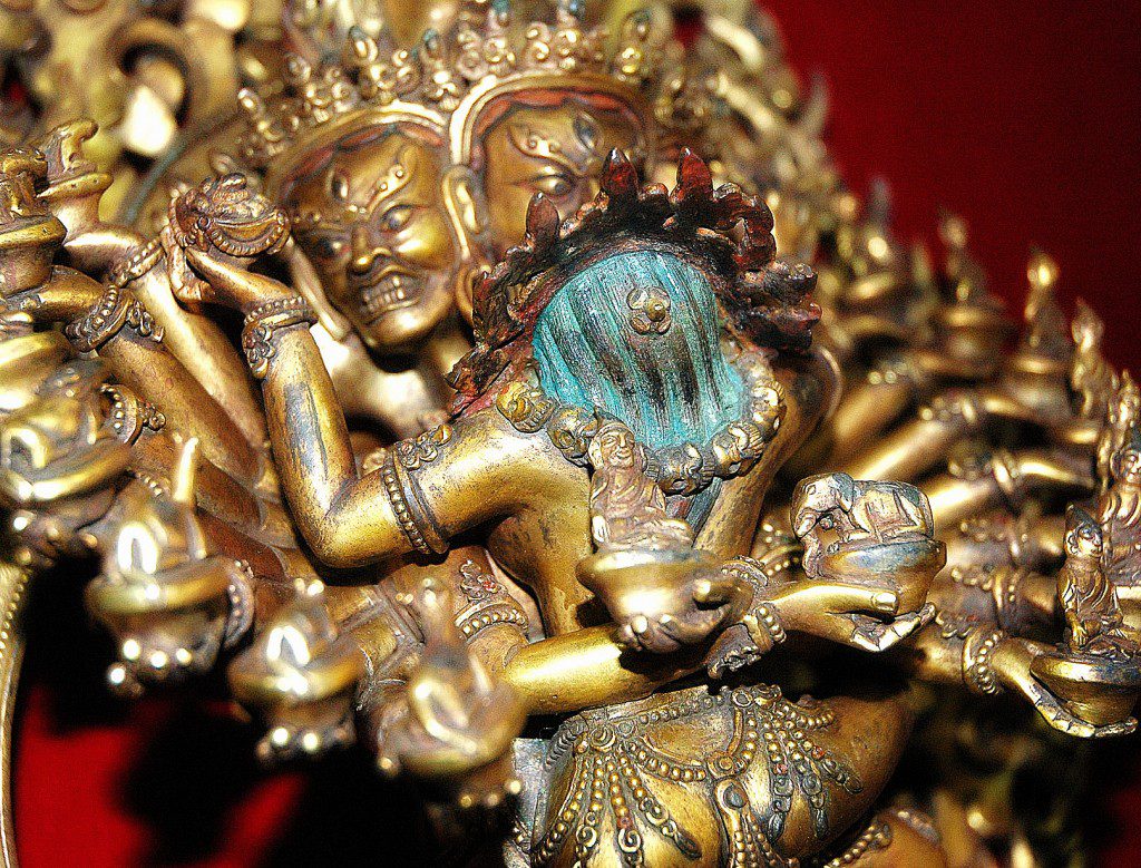 Hevajra and Nairãtmyã Buddhist Tantric deities, closeup top, Boudha, Kathmandu, Nepal (adapted from photo by Flickr user Wonderlane)