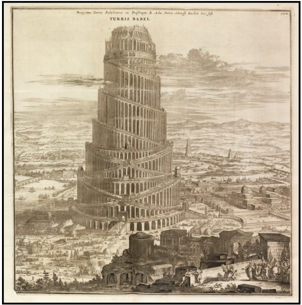 Engraving of the Tower of Babel from Athanasius Kircher’s Turris Babel (1679)