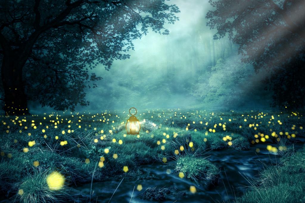 a glade at night with fireflies thick ont he ground and a lantern in the center