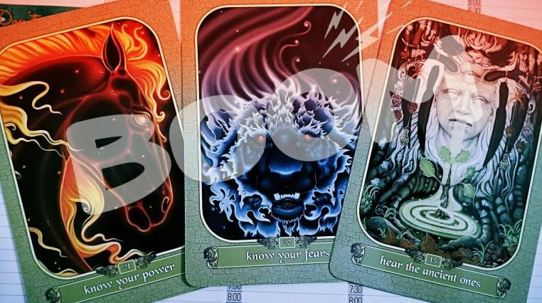 three oracle cards: "know your power", "know your fears" and "hear the ancient ones"