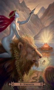 a naked woman with streaming red hair riding a lion as slight streams behind them.