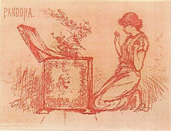 Pandora’s Box image from Nathaniel Hawthorne’s retelling of this myth in A Wonder-Book: Tanglewood Tales, and Grandfather’s Chair by Nathaniel Hawthorne, 1891 (image in the public domain)
