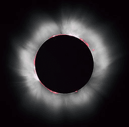 This image is the work of Luc Viator / www.Lucnix.be   Wikimedia Commons   A total solar eclipse occurs when the moon completely covers the sun's disk, as seen here on August 11, 1999. Solar prominences can be seen along the limb (in red) as well as  extensive  coronal filaments. 