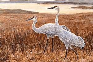 Sandhill Cranes by Rebecca Jabs, courtesy of the artist, a student in the CSU Monterey Bay Science Illustration Program