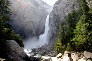Water mist and spray flies into the air at the base of the Lower Yosemite falls in the California national park. Picture credit: Public Domain Pictures