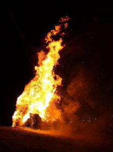 Wicker man on fire at the Archaeolink outdoor museum, Oyne, Aberdeenshire, Scotland.