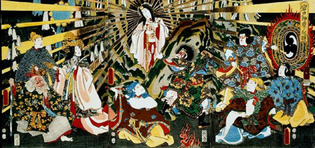 Japanese Sun Goddess Amaterasu and Shinto deities. This work is in the public domain.