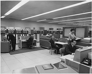 NASA computer room with dual IBM 7090 mainframes, 1962