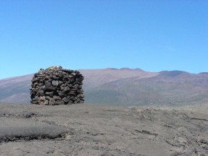  stone structure, possibly a prehistoric marker or lele (altar), in the saddle between Mauna Loa and Mauna Kea, Hawaii,