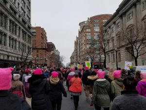 Walking to the National Mall for the Women’s March  with members and friends of Unitarian Universalist Fellowship of Harford County,  many of whom were wearing hats crocheted by Allison.  Photo by Allison Ehrman